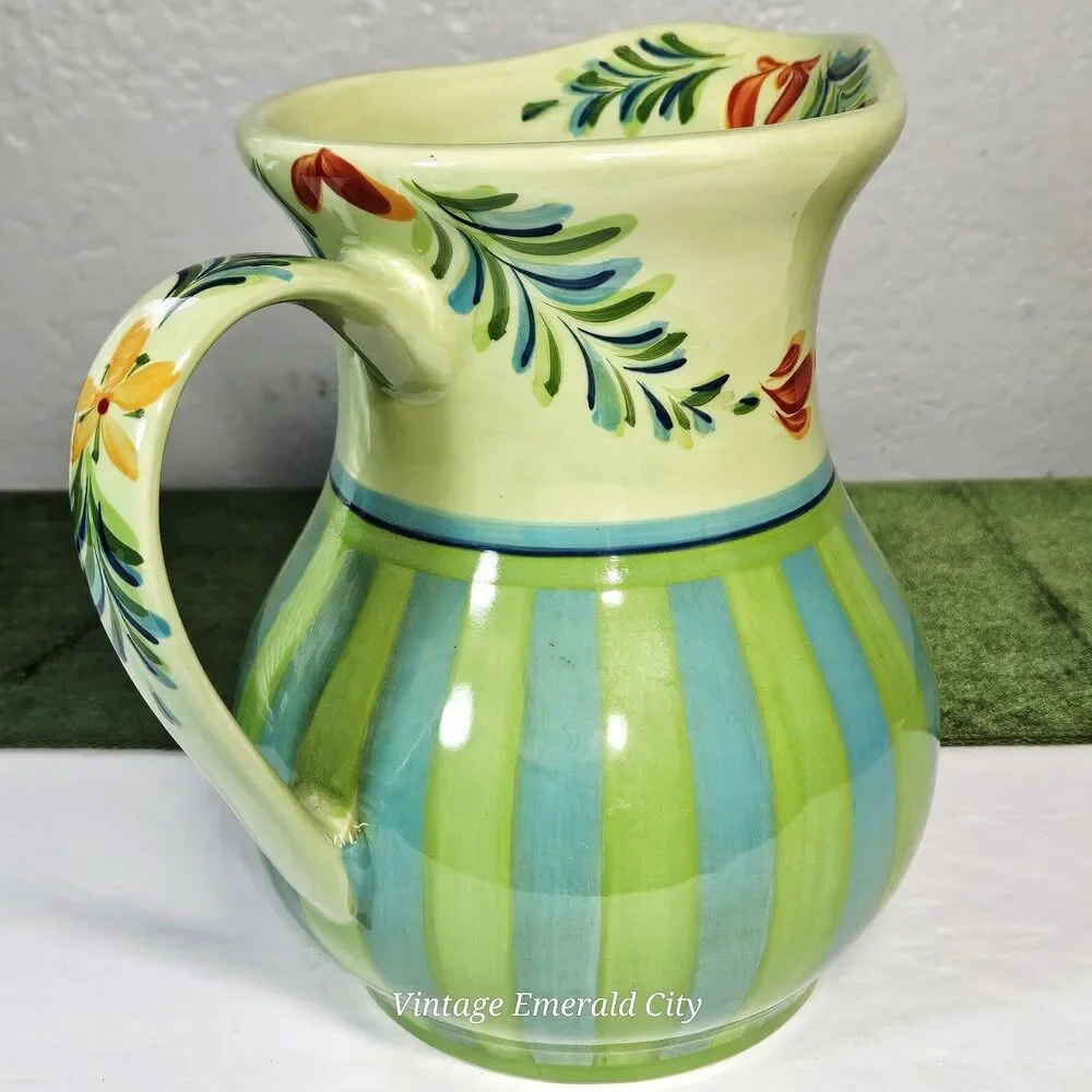 Vtg Large Provence Gail Pittman Water Pitcher Jug Flowers Green & Blue Stripes